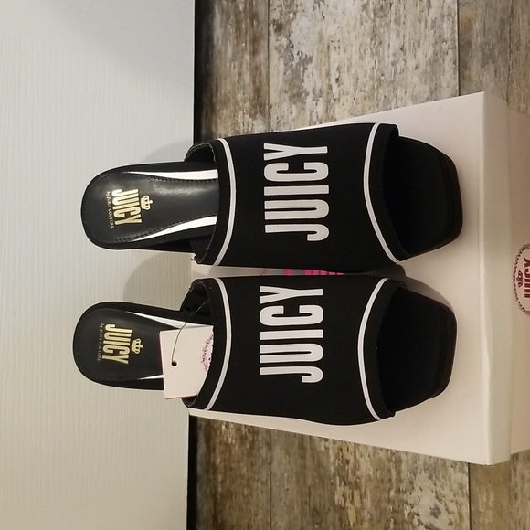 NWT Juicy Couture Girly Black Open Toe Chunky Heel in Black & White Size 11 - Picture 9 of 11